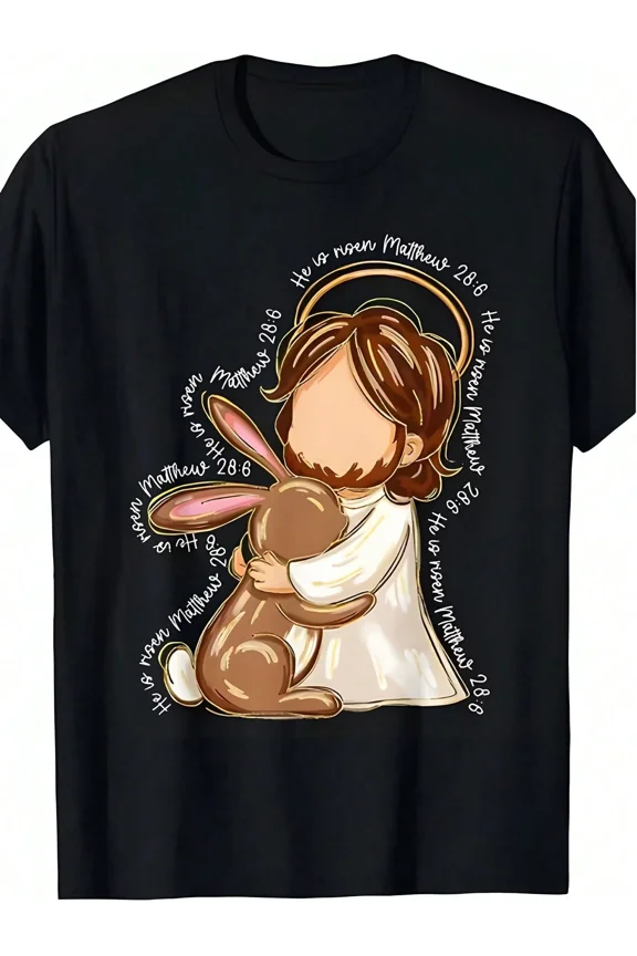 He Is Risen Matthew 28:6 Religious Easter Bunny T-Shirt - Cute Christian Faith Graphic Tee - Men Women Unisex Resurrection Sunday Apparel - Retro Scripture Verse Top