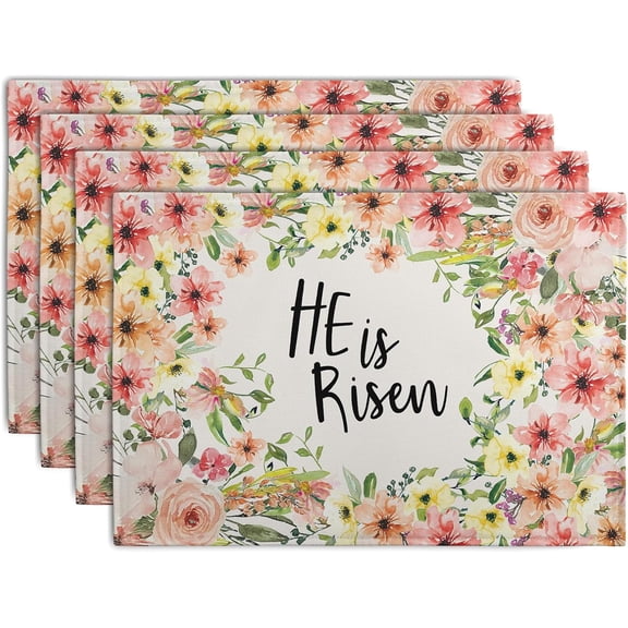 He is Risen Placemats Set of 4 Spring Easter Christian Cross Religious Flowers Kitchen Table Mats Seasonal Easter Holiday Linen Fabric Place Mat for Party Kitchen Dining Decoration