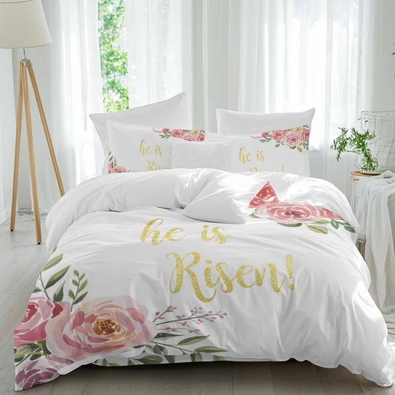He Is Risen Queen Size Comforter Set, Spring Easter Pink Roses Floral Green Leaf Plant Bedding for All Seasons, 4 Pcs Bed Set, 1Quiltcover (90"x92") ,1Sheet(94"x116"), 2Pillowcases (30"x20")