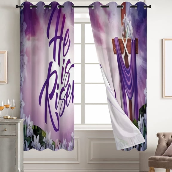 He Is Risen Religious Easter Blackout Curtains 2 Panels, Purple Cross with Lilies & Drapery, Christian Resurrection Day Window Drapes for Church & Home Decor