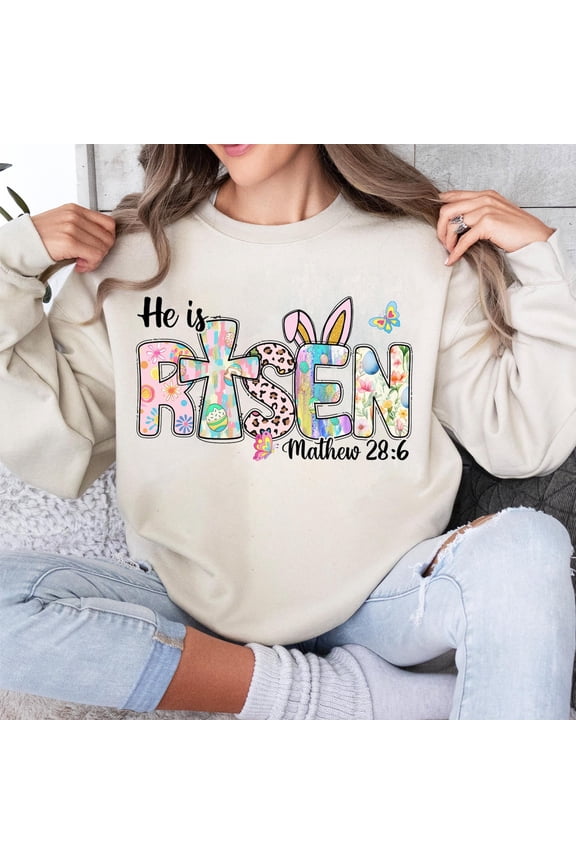 He Is Risen Sweatshirt, Matthew 28:6 Bible Verse Shirt, Christian Easter Apparel, Jesus Easter Cross Shirt, Inspirational Bible Verse, Glitter Easter and Retro Easter Shirt