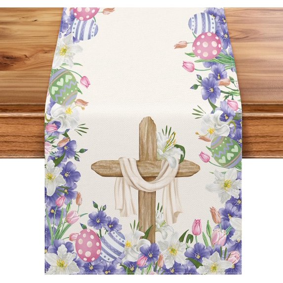 He is Risen Table Runner Easter Egg Christian Cross Lily Flowers Spring Jesus Ressurrection Holiday Party Home Kitchen Dining Room Decoration (13" x 72")