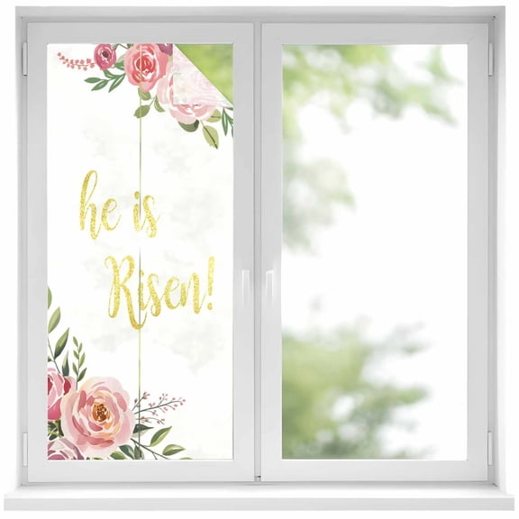 He Is Risen Window Privacy Film, Watercolor Spring Easter Pink Roses Floral Green Leaf Plant Frosted Glass Window Clings Static Cling UV Heat Blocking Reusable Door Sticker for Bedroom 19.6x39.3 Inch
