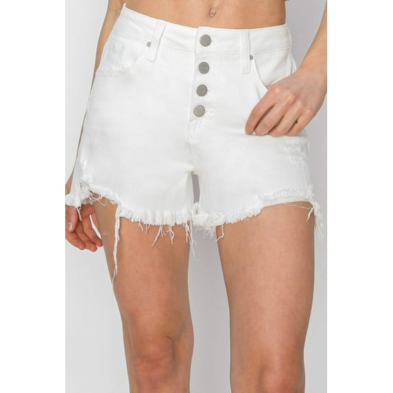 Risen Women's Button Fly Frayed Hem Denim Shorts