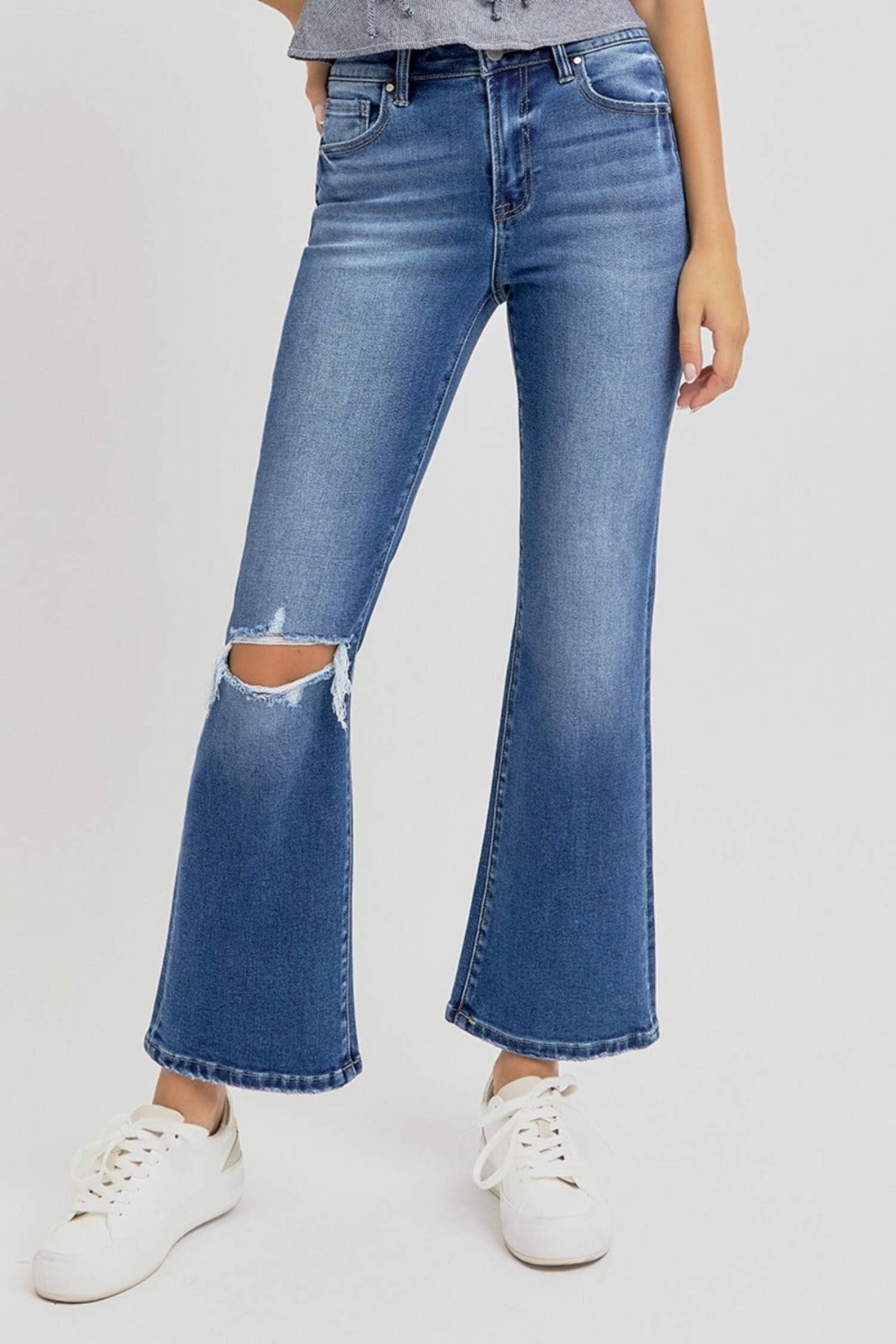 Brown Distressed Hollow Out High Waist Cropped Flare Jeans main image 0