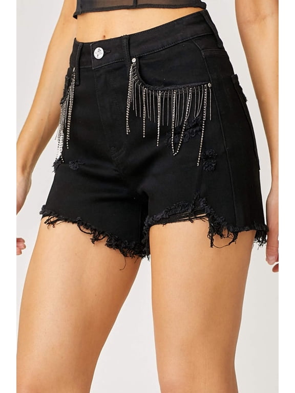 Women's Frayed Hem Denim Shorts with Fringe Detail Pockets