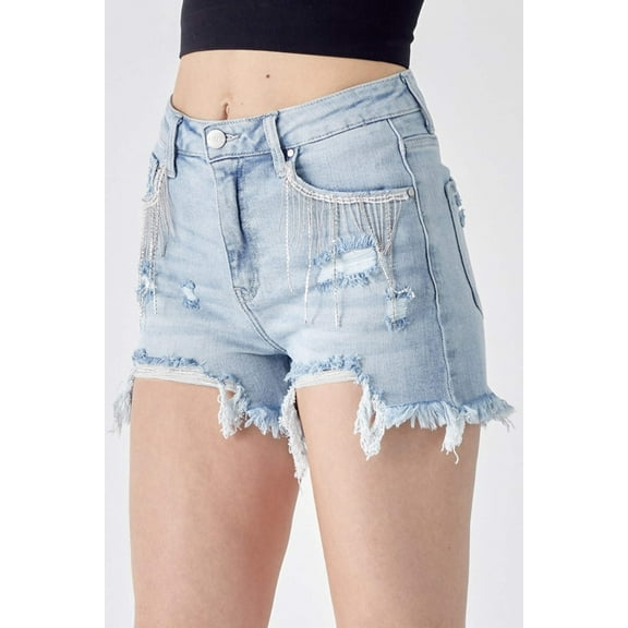 Risen Women's Frayed Hem Denim Shorts with Fringe Detail Pockets