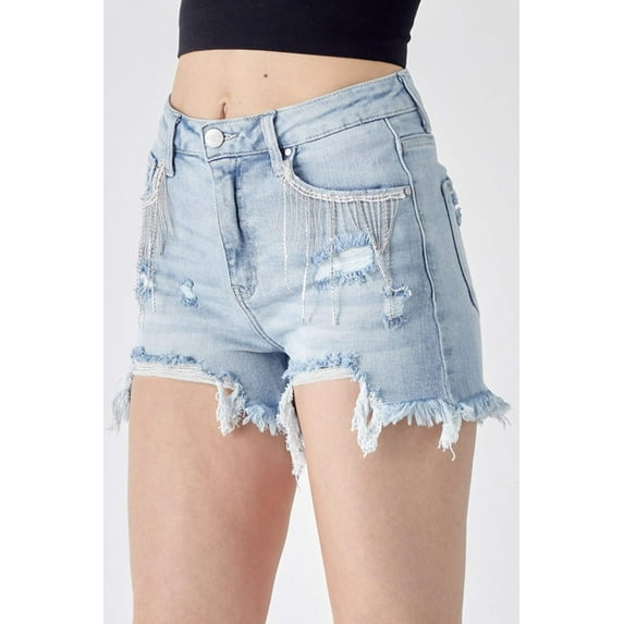 Risen Women's Frayed Hem Denim Shorts with Fringe Detail Pockets