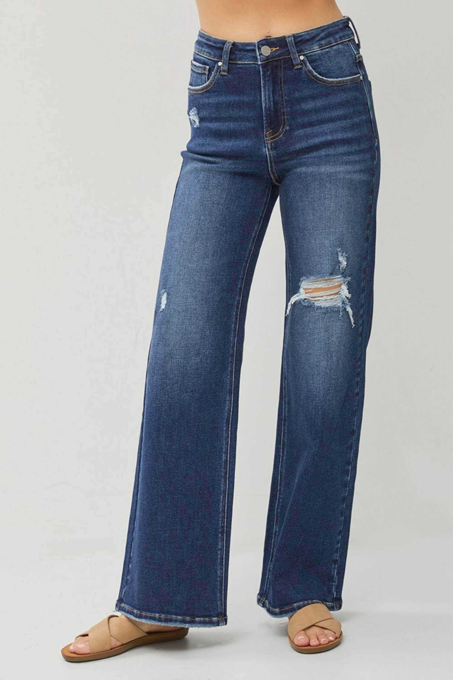 Risen Women's High Rise Distressed Wide Leg Jeans - Walmart.com