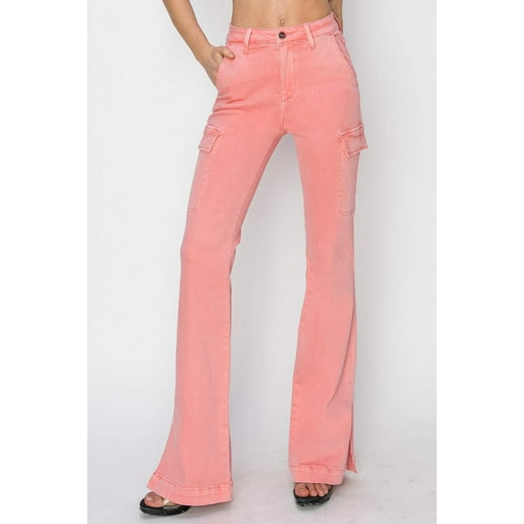 Risen Women's High Rise Side Slit Cargo Bootcut Jeans