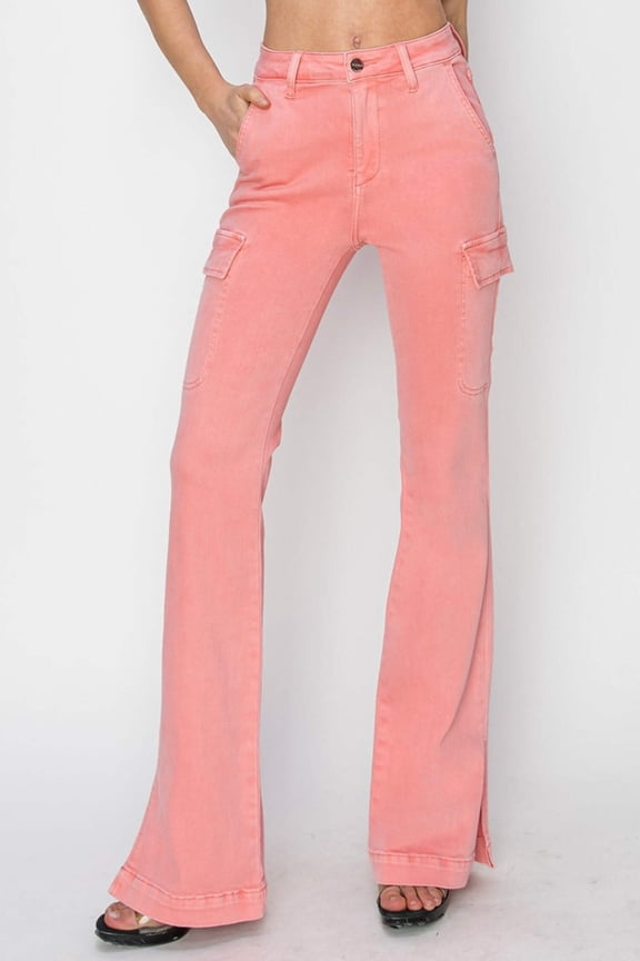Risen Women's High Rise Side Slit Cargo Bootcut Jeans