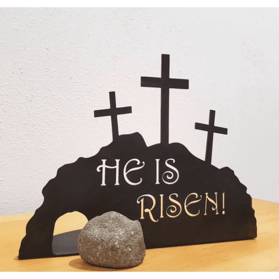 He is Risen Wood Empty Tomb Scene, Easter Decoration, Christian Easter Home Interior Decorations, He is Risen and He is not here Sign for Home Tabletop Office Crafts