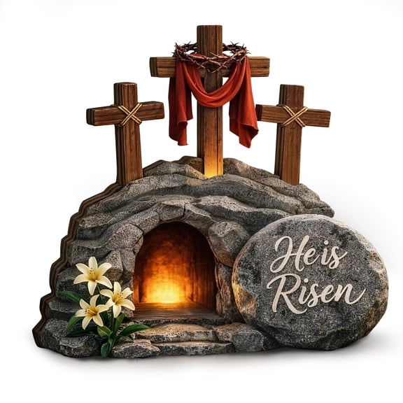 He Is Risen Wooden Easter Cross & Empty Tomb Scene Decor - 3 Crosses on Hill with LED Light, Resurrection Tabletop Display for Home, Church, Mantel, Faith-Based Easter Centerpiece