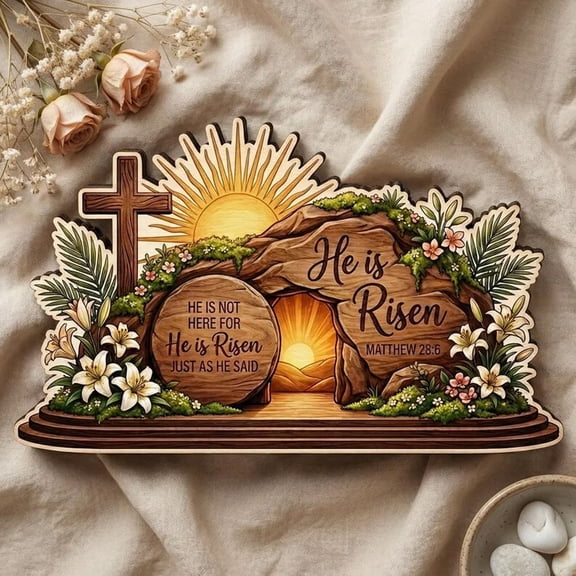 He is Risen Wooden Tabletop Decor - Easter Empty Tomb Scene with Cross,Lilies & Bible Verse - Religious Christian Table Centerpiece for Home,Church,Easter Celebration Decorations,5.9 Inch