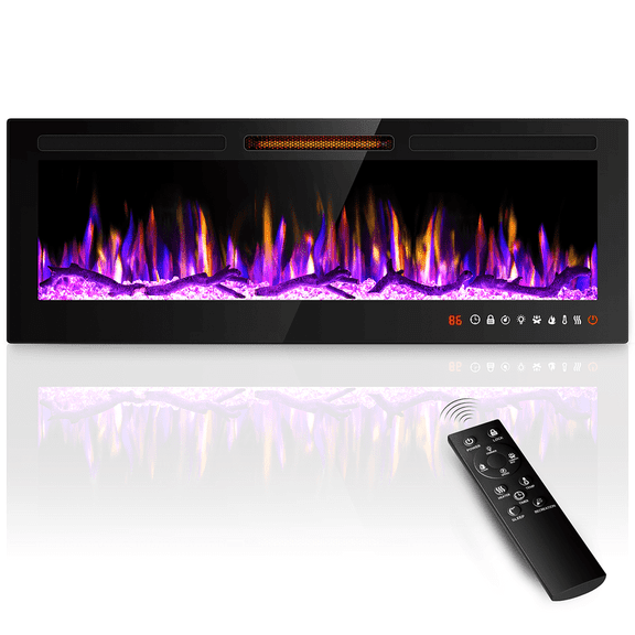 Riseon 50'' Electric Fireplace Heater, Recessed and Wall Mounted Freestanding Linear Fireplace, Ultra-Thin Wall Fireplace with 13 Adjustable Flame Color and 5 Brightness, Remote Control, 1500/750W
