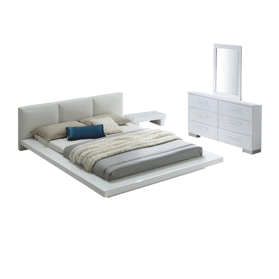 Rishi 4 Pc Queen Size Bedroom Set, Low Profile, Leatherette Padding, White