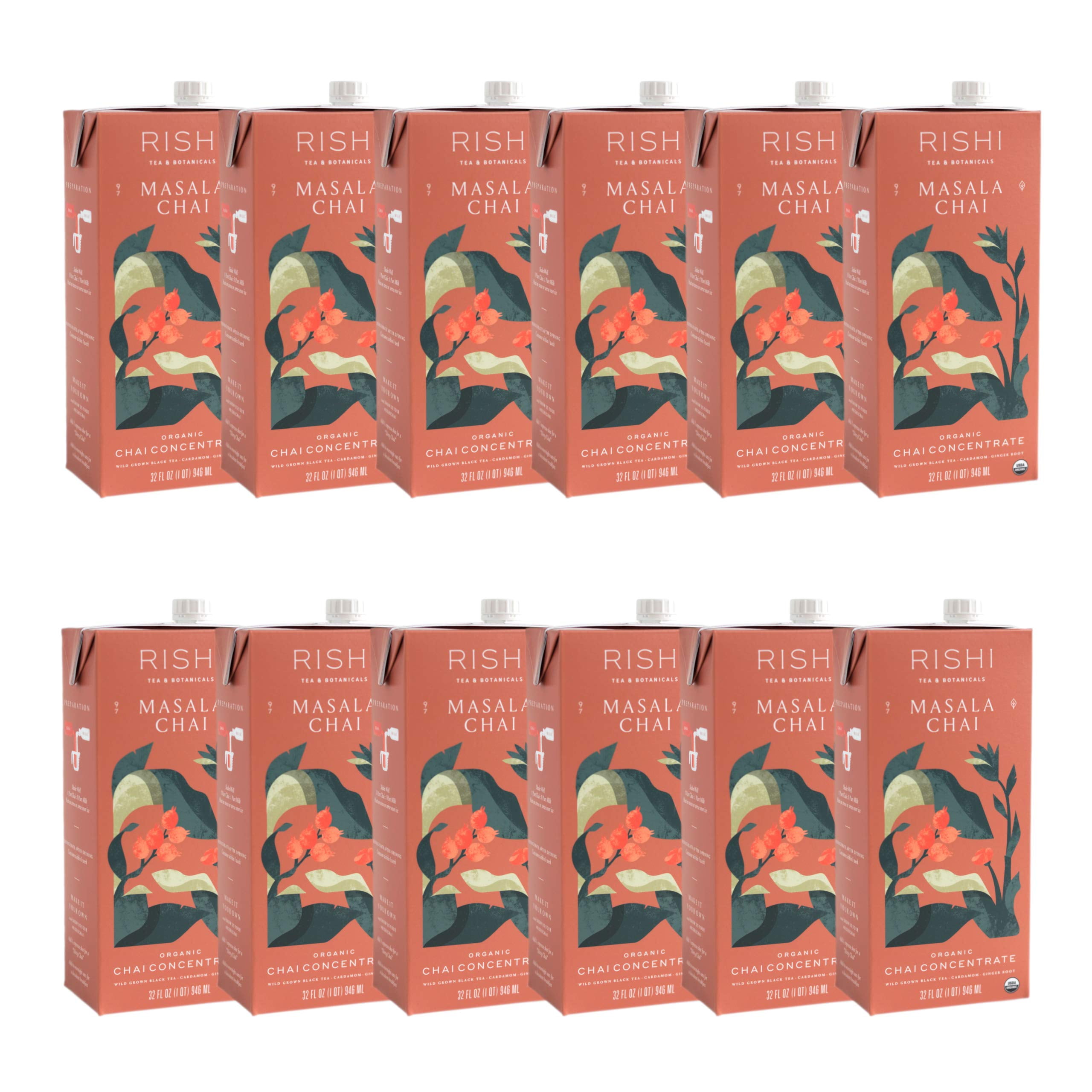 Rishi Tea Masala Chai Concentrate Beverage | Immune Support, USDA Certified Organic, Black Tea, Antioxidants, Energy-Boosting | 32 fl oz Carton, 8 Servings (Pack of 12)