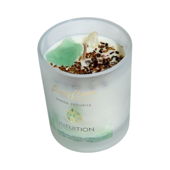 Rising Cosmos Healing Crystal Candle - Green Flourite, Tiger's Eye, Clear Quartz Infused Sugarcane + White Rum Scent 100% Soy Wax - 7oz. Meditation, Intention & Gift Candle for Women A101