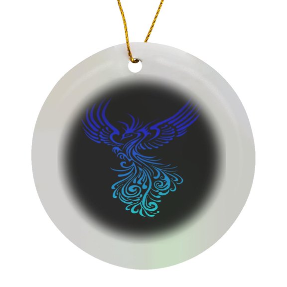 3drose, Rising from the Ashes Artistic Phoenix Aqua Blue Ombre on Black, Circle Porcelain Ornament