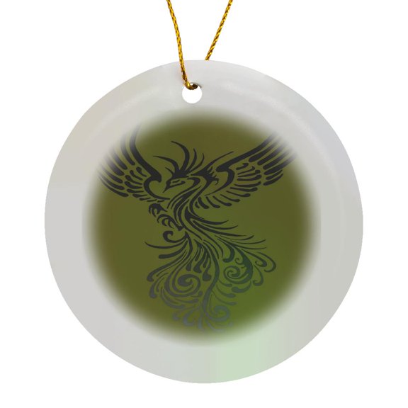 3drose, Rising from the Ashes Artistic Phoenix Black Grey Ombre Grungy Yellow, Circle Porcelain Ornament