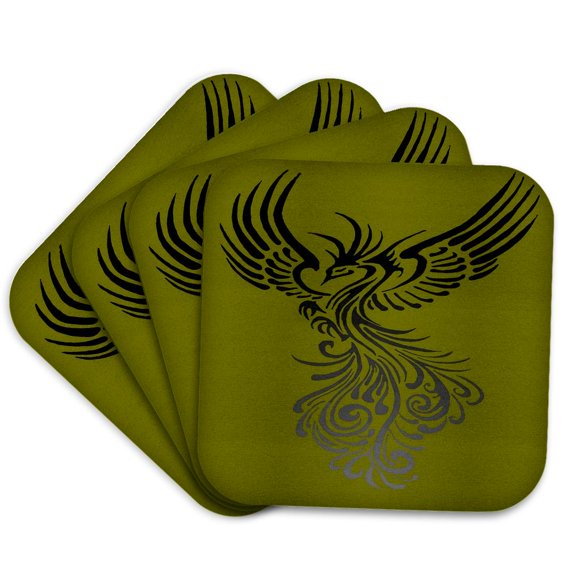 3drose, Rising from the Ashes Artistic Phoenix Black Grey Ombre Grungy Yellow, Set of 4 Coasters - Soft
