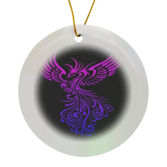 3drose, Rising from the Ashes Artistic Phoenix Lilac Pink Ombre on Black, Circle Porcelain Ornament
