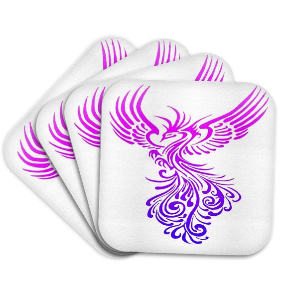 3drose, Rising from the Ashes Artistic Phoenix Lilac Pink Ombre on White, Set of 4 Coasters - Soft