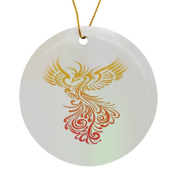 3drose, Rising from the Ashes Artistic Phoenix Orange Yellow Ombre on White, Circle Porcelain Ornament