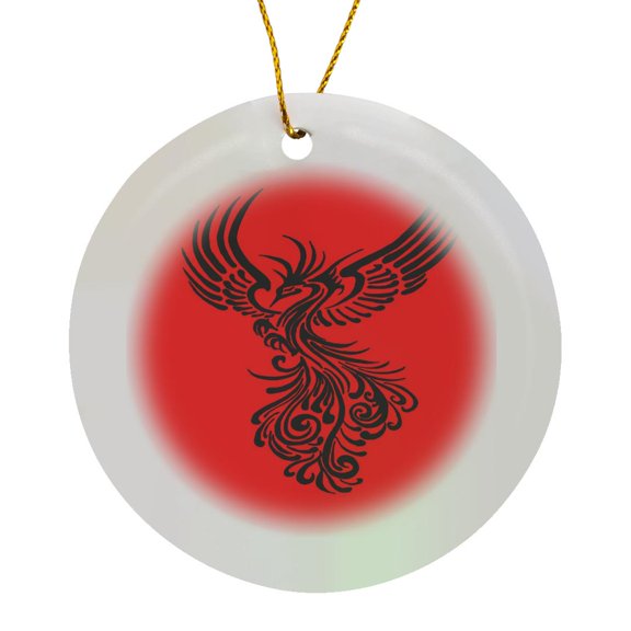 3drose, Rising from the Ashes Black Artistic Phoenix Illustration on Red, Circle Porcelain Ornament