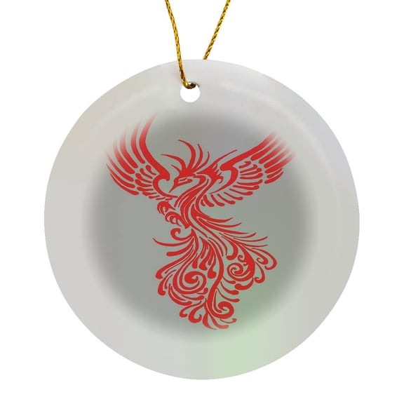 3drose, Rising from the Ashes Red Artistic Phoenix Illustration on Gray, Circle Porcelain Ornament