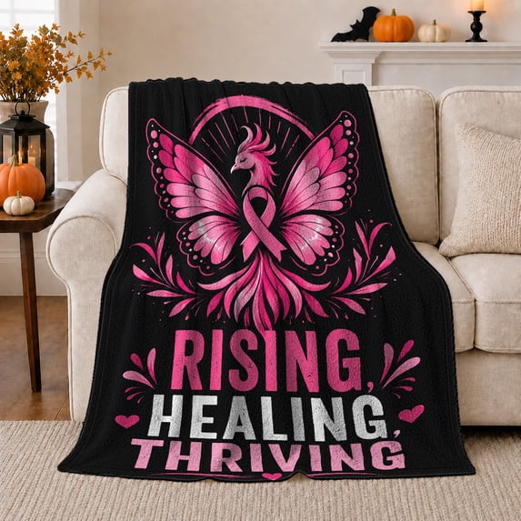 Rising Healing Thriving Phoenix Butterfly Breast Cancer Awareness, Dramatic Artistic Scene, Warm Flannel Blanket for Living Room and Bedroom, Art Lovers Valentine's Day Gift, Artistic Home Decor