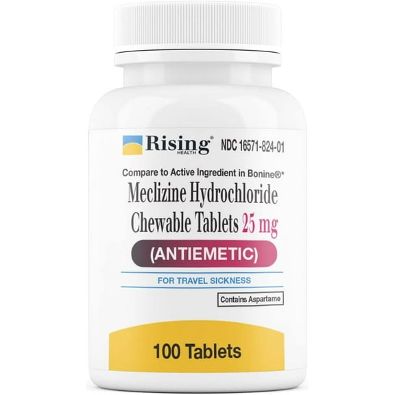 Rising Pharma Motion Relief and Nausea - Meclizine HCL 25mg - Antiemetic, Motion Relief Chewable Tablets (100)