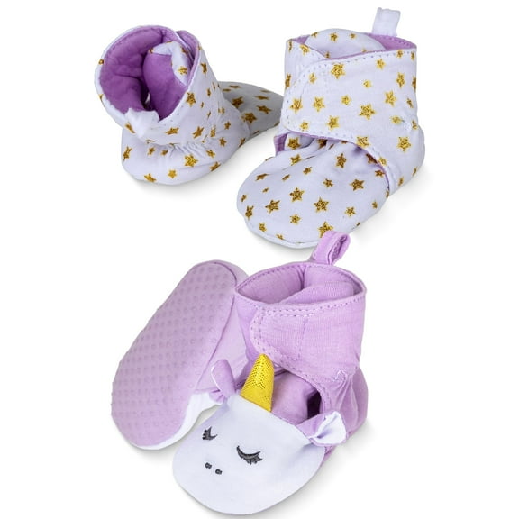 Rising Star Baby Booties Girls 0-3 Months, 100% Cotton (Purple Unicorn - Stars)