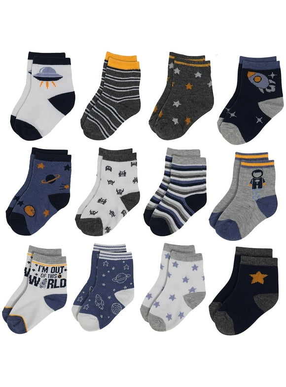 Rising Star Infant Crew Socks for 0-24 Months Baby Boy (12 Pack) - Space and Rockets