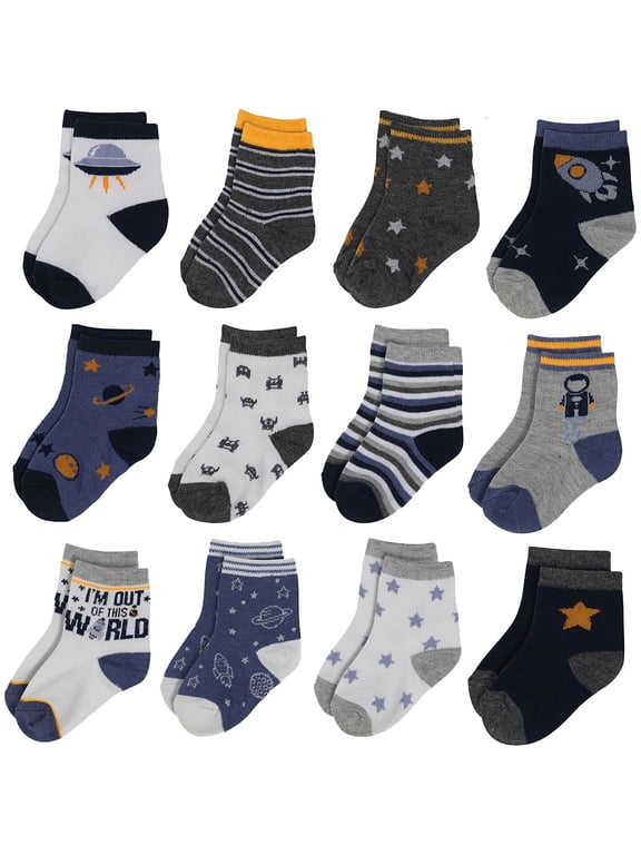 Infant Crew Socks for 0-24 Months Baby Boy (12 Pack) - Space and Rockets
