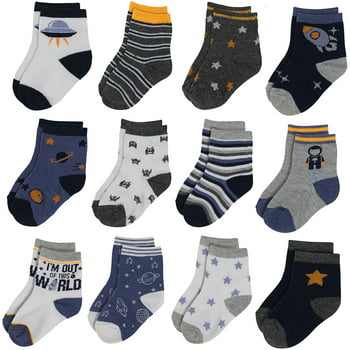 Rising Star Infant Crew Socks for 0-24 Months Baby Boy (12 Pack) - Space and Rockets