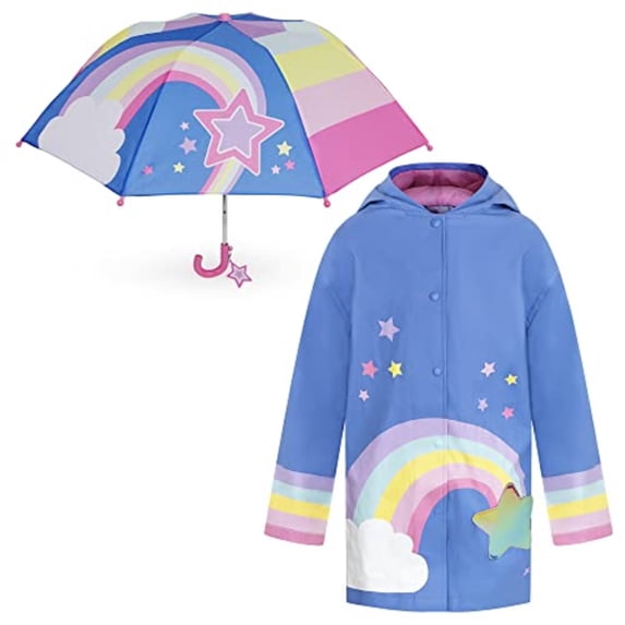 Rising Star Kids Jackets Set, 5-7 Years, Girls Rain Coat with Hood, Matching Kids Umbrella, Girls Rain Jacket in Rainbow/Stars Design