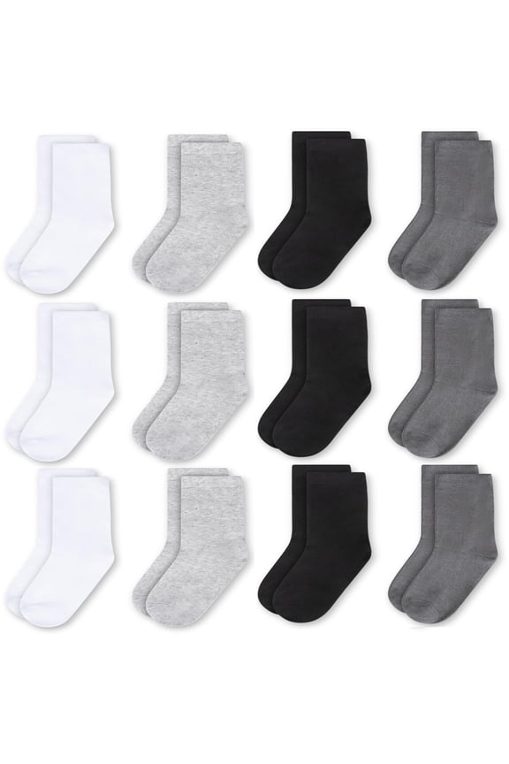 Unisex Toddler Socks, Baby Boy Socks, 12 Pack - Soft & Breathable Crew Kids Socks, Black Grey White