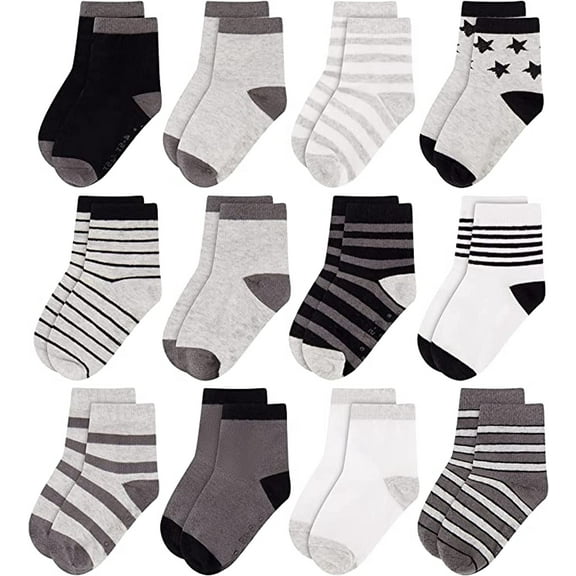 Rising Star Unisex Toddler Socks, Baby Boy Socks, 12 Pack with Grippers - Soft & Breathable Crew Kids Socks, Gray & Black