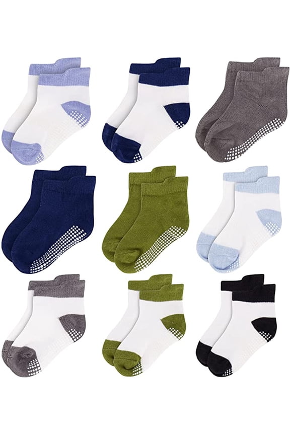 Unisex Toddler Socks, Baby Boy Socks, 9 Pack - Non Slip Low-Cut Grip Socks for Infants & Toddlers