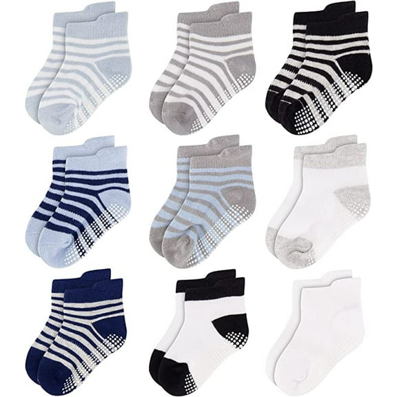Rising Star Unisex Toddler Socks, Baby Boy Socks, 9 Pack - Non Slip Low-Cut Grip Socks for Infants & Toddlers