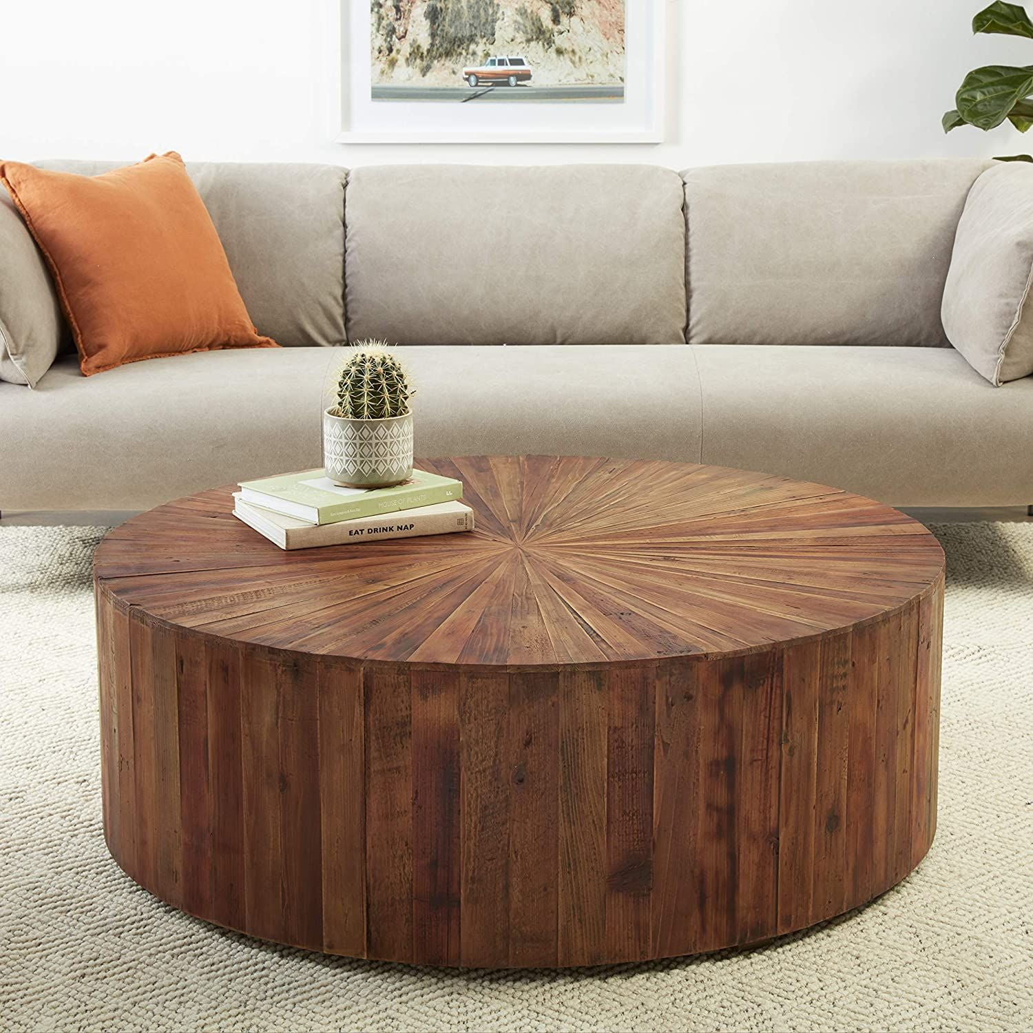 Rising Sun 48-inch Round Reclaimed Pine Cylinder Coffee Table