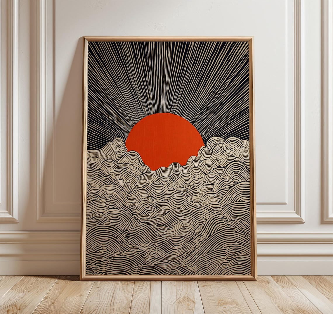 Rising Sun Wall Art Print, Japanese Line Artwork, Modern Abstract Decor ...