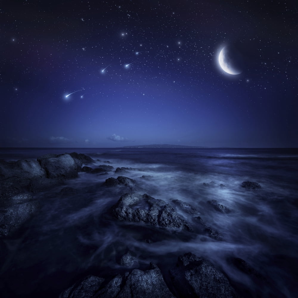 Rising moon over ocean and boulders against starry sky Canvas Art - Evgeny KuklevStocktrek Images (29 x 29)