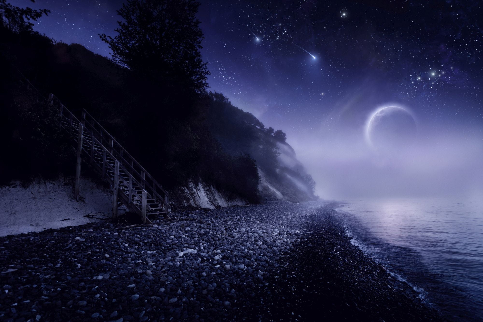 Rising moon over ocean and mountains against starry sky Canvas Art - Evgeny KuklevStocktrek Images (18 x 12)