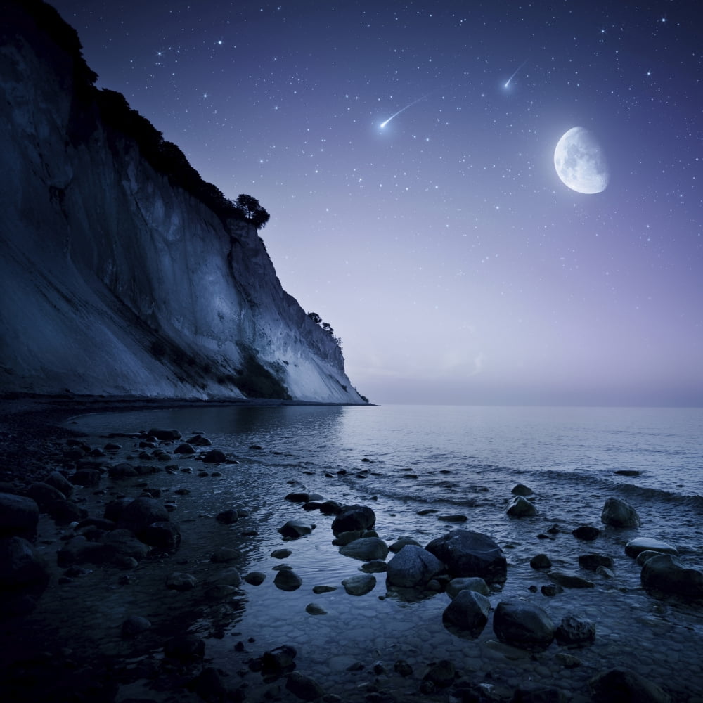 Rising moon over ocean and mountains against starry sky Canvas Art - Evgeny KuklevStocktrek Images (28 x 28)