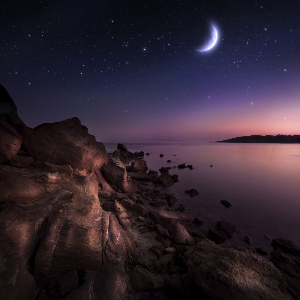 Rising moon over ocean and mountains against starry sky Canvas Art - Evgeny KuklevStocktrek Images (29 x 29)