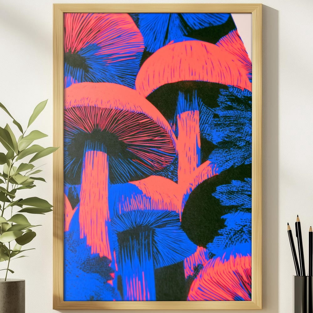 Risograph Mushroom Neon Pink Blue Fungi Bold Poster - Walmart.com