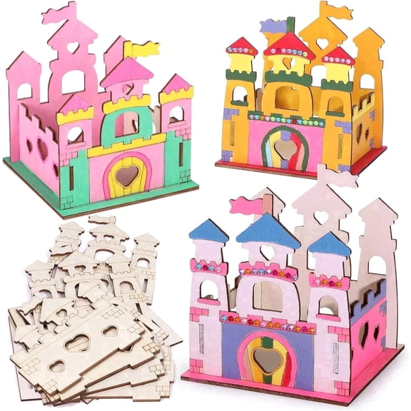 Ristpal 12 Pack DIY Unfinished Wooden Castle Painting Kit, Blank Wooden Craft Shapes, Arts and Crafts Supplies, Birthday Party Favors, Classroom Rewards, Goodie Bag Fillers