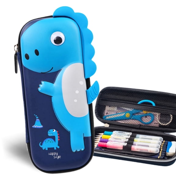 3D Dinosaur Pencil Case , Cute Blue EVA Pencil Box with Multi Compartments, Large Capacity Shockproof Pen Pouch (Blue)